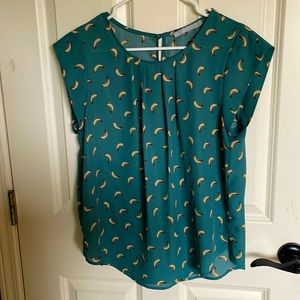 SWEET RAIN- Teal Banana Print Blouse, Medium